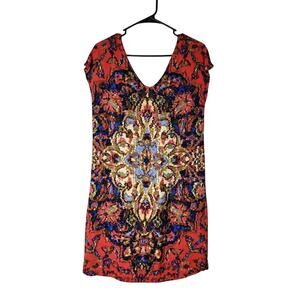 Anthropologie Maeve Mini Shift Dress Size XS Red‎ Medallion Short Sleeve